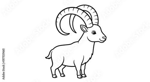 A line art depiction of a wild goat with magnificent curved horns showcasing animal wildlife and natural beauty perfect for educational materials and children's books.