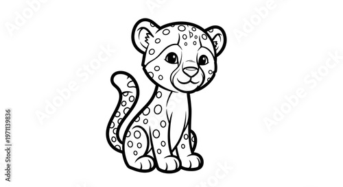 Adorable cartoon leopard cub with sweet expression spotted fur and cute ears sitting and looking right with big eyes and smiling face.