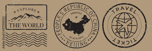 Vintage travel-themed passport stamps illustration vector set.