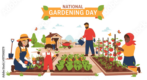 Illustration of diverse people gardening together on National Gardening Day with vibrant plants and colorful garden tools