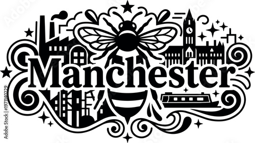 Black and white manchester city skyline with bee and canal boat vector art