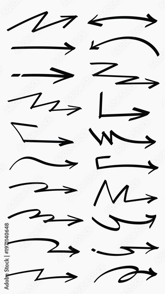 Fototapeta premium Set of simple lines hand drawn black arrows in various style. Set of simple of hand drawn black arrows. Set of simple lines hand drawn black arrows. Various of simple lines arrows collection