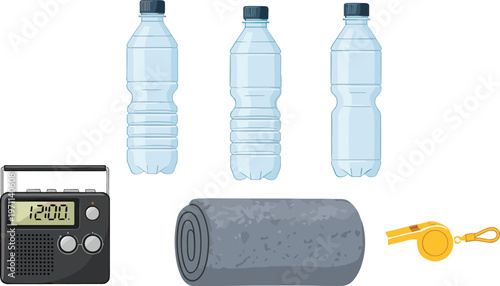 Emergency survival kit set including water bottles, portable radio, sleeping mat, and whistle for disaster preparedness and safety planning illustration