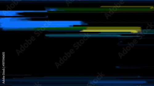 Abstract digital glitch video overlay texture with bright blue and yellow horizontal streaks on a black background.