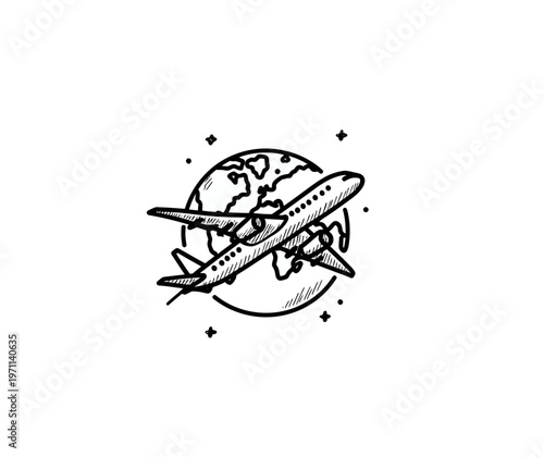 Hand-drawn doodle sketch of an airplane flying around the world globe. Global travel, adventure, and journey concept line art illustration.