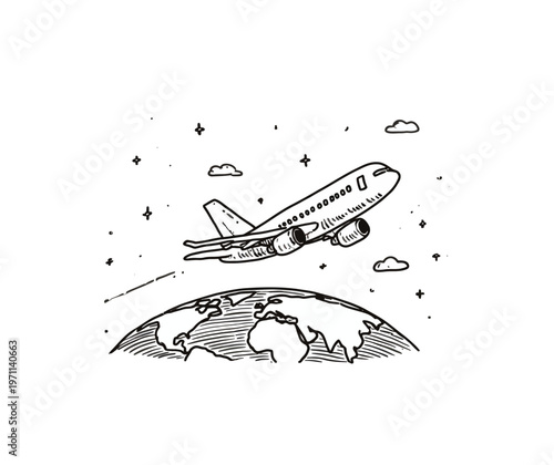 Hand-drawn airplane taking off above Earth. Global travel, international flight journey, world exploration, aviation sketch illustration.