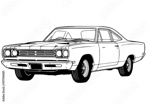 Classic 1960s American Muscle Car Vector Illustration, Vintage Two-Door Coupe Outline