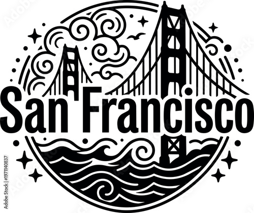 San francisco black and white golden gate bridge with waves vector art