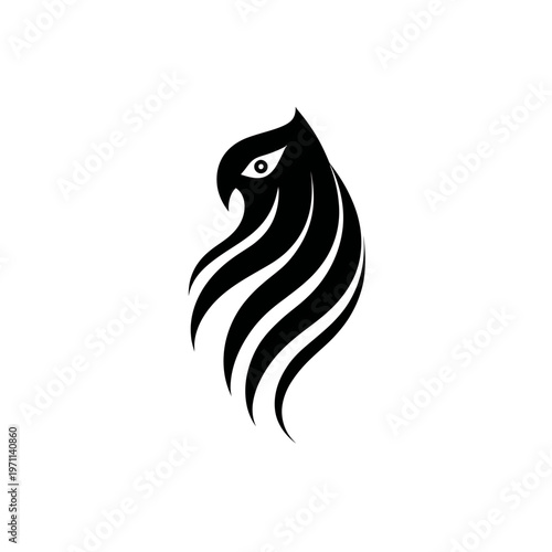 Abstract black eagle head with intense eye and flowing lines, powerful bird of prey symbol graphic element illustration