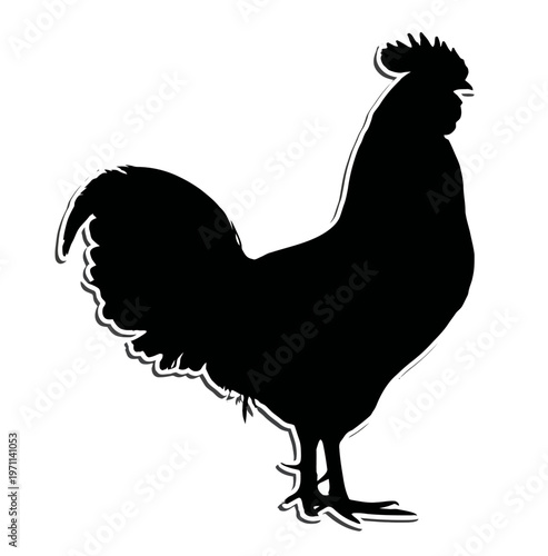 Majestic Black Rooster Silhouette Vector Illustration, Farm Animal Graphic Icon, Elegant Cockerel Contour Design on White Background.