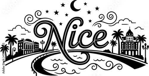 Black and white line art nice cityscape with palm trees stars and crescent moon