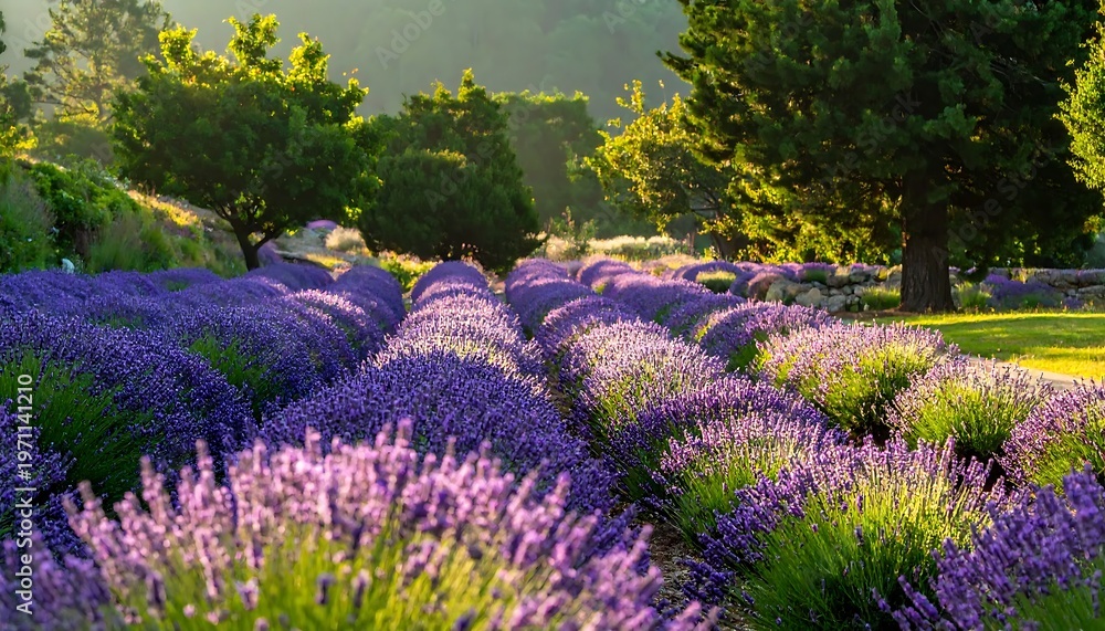 Naklejka premium Lavender field in full bloom under the warm sunlight.