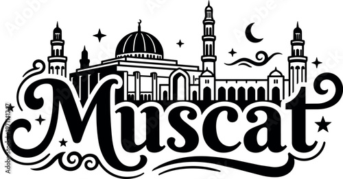 Muscat mosque architecture with crescent moon and stars
