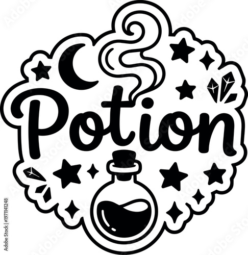 Black and white potion bottle with smoke stars moons and crystals vector art