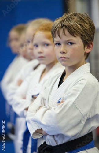 Wallpaper Mural Group of young martial arts students wearing traditional white gis with black belts standing in line in a training facility Torontodigital.ca