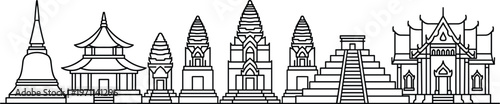 Asian temple skyline line art with pagoda stupa and traditional architecture landmarks minimal outline vector illustration set