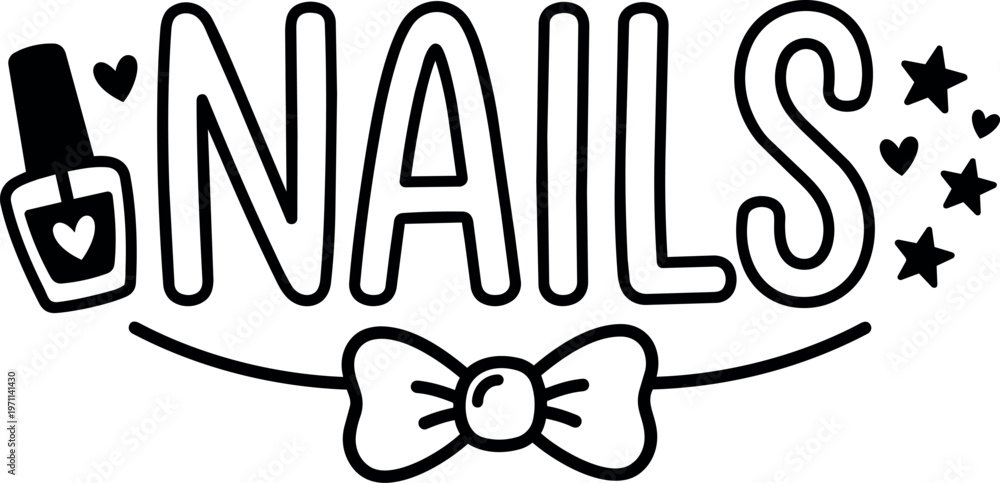 Fototapeta premium Black and white nails lettering with nail polish bottle and decorative bow vector art