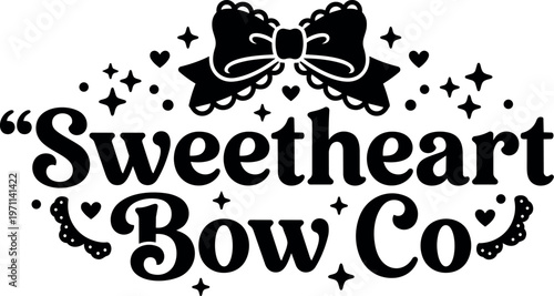 Black and white sweetheart bow co text with ribbon bow and hearts vector art