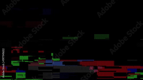 Abstract digital glitch video overlay texture with colorful horizontal pixelated blocks on a black background.