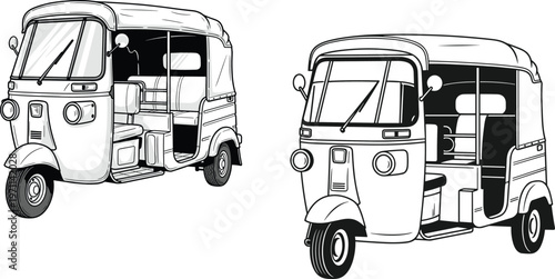 Auto rickshaw silhouette, tuk tuk illustration, three wheeled taxi, urban transport sketch, traditional vehicle drawing, Asian street ride, cultural mobility art