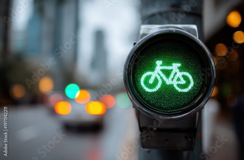 A green led bicycle traffic light illuminated on a city street during dusk