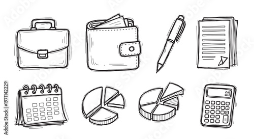 Business office and financial management icons set. Hand drawn briefcase, wallet, calendar, calculator and charts.