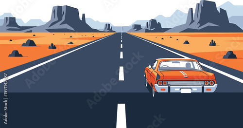 Classic Orange Muscle Car Driving on Desert Highway Toward Mountains