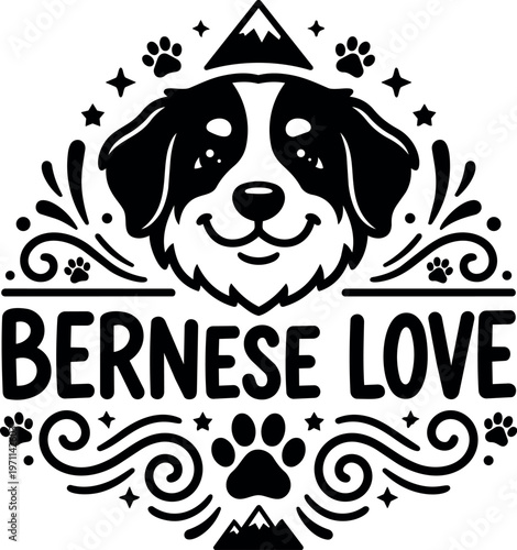 Black and white bernese mountain dog face with paw prints bernese love text vector art