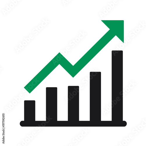 Business growth bar chart icon with upward green arrow showing financial success, positive market trend, and development