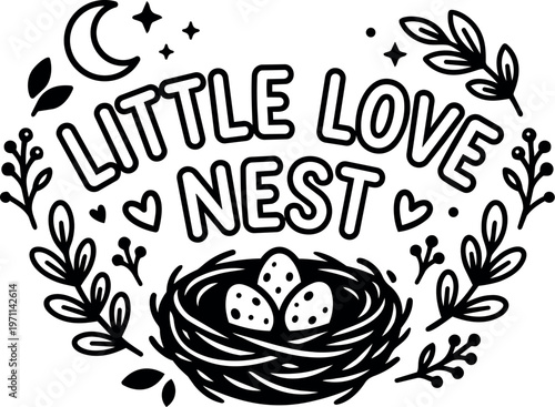 Little love nest with bird eggs in nest and leafy branches black and white line art