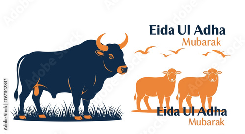 Eid ul Adha Mubarak greeting card featuring a bull and sheep illustration with birds and grass elements for religious celebration