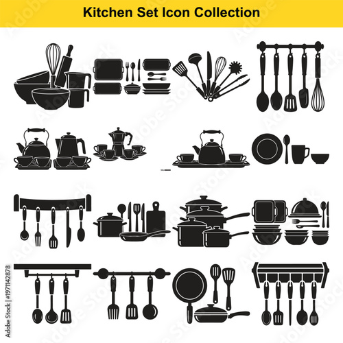 A comprehensive collection of black silhouette kitchen set icons, featuring various cooking utensils, pots, pans, and dishware.