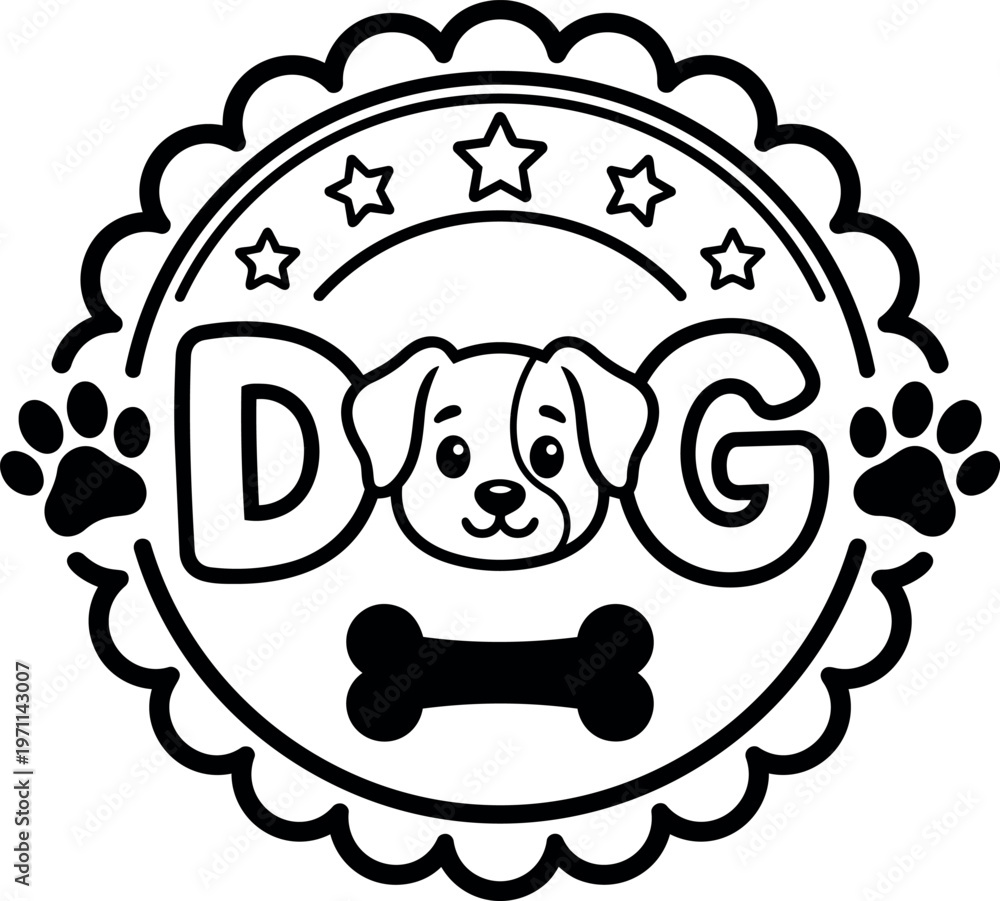 Fototapeta premium Black and white dog face with bone and paw prints circular line art