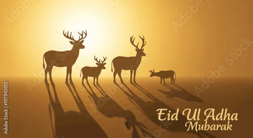 Majestic deer silhouettes stand tall against a breathtaking golden sunset, casting long shadows across the landscape, symbolizing warmth and celebration for a festive occasion