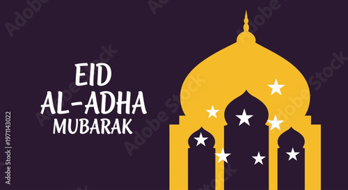 Happy Eid al-Adha Mubarak greeting with mosque and stars on a dark purple background