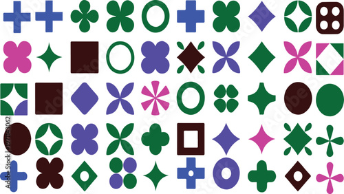 Colorful geometric shapes and symbols arranged in a grid pattern on Untitled-3.eps