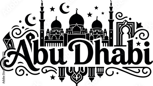 Black and white calligraphic abu dhabi lettering with mosque and crescent moon vector art