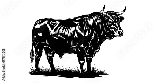 A striking black and white illustration of a powerful bull standing in short grass, rendered in a detailed, artistic style