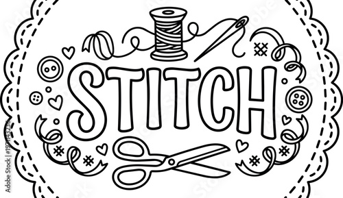 Black and white line art stitch text with sewing tools and hearts illustration