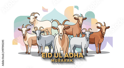 Eid al-Adha Mubarak greeting card featuring a herd of goats in a festive design