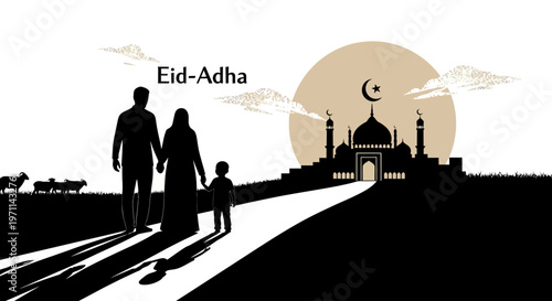 Eid Al Adha celebration, family walking towards mosque with sheep and sun, cultural Islamic festival