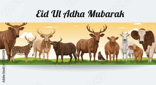 Celebrate Eid ul Adha Mubarak with a heartwarming illustration featuring a variety of farm animals, symbolizing the spirit of sacrifice and community