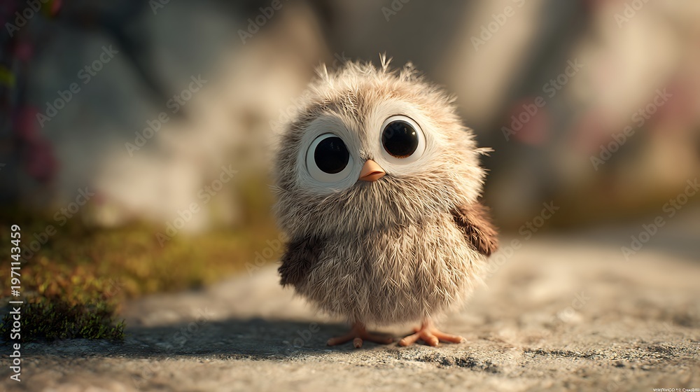 Fototapeta premium A cute cartoon owl standing on a stone path in a natural outdoor environment.