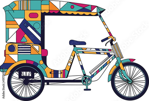 Colorful Geometric Pattern Cycle Rickshaw Illustration