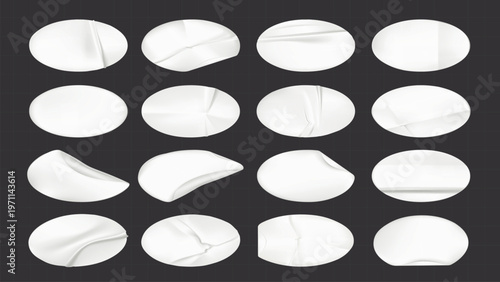 Collection of 16 white paper textures with various folds and creases. Oval shapes highlight paper textures, emphasizing folds and creases in each design. Sticker element vector set.