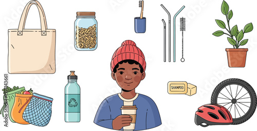 Young person holds coffee cup amidst reusable lifestyle items.