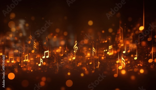 Abstract musical background featuring floating musical notes in glowing golden hues with dynamic light effects and bokeh textures