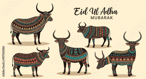 Vibrant Collection of Stylized Cattle Illustrations Adorned with Intricate Ethnic Patterns, Symbolizing the Spirit of an Important Islamic Festival Celebration