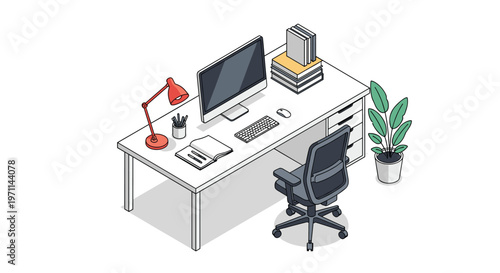 Isometric view of a clean home office workspace featuring a computer monitor, keyboard, books, lamp, and a plant.