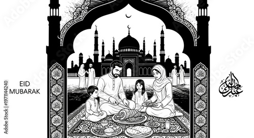 A Muslim family celebrates Eid al-Fitr with a festive meal and traditional decorations in front of a mosque